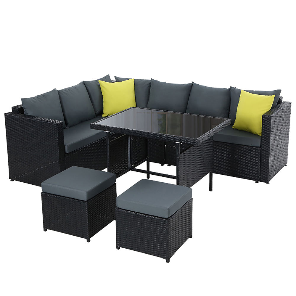 Alnwick 5-Seater Furniture Patio Set Table Chair Lounge Wicker Garden 6-Piece Outdoor Sofa - Black