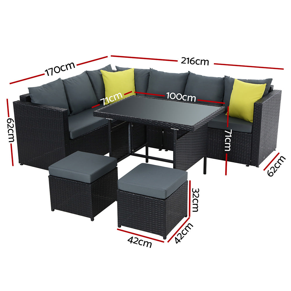 Alnwick 5-Seater Furniture Patio Set Table Chair Lounge Wicker Garden 6-Piece Outdoor Sofa - Black