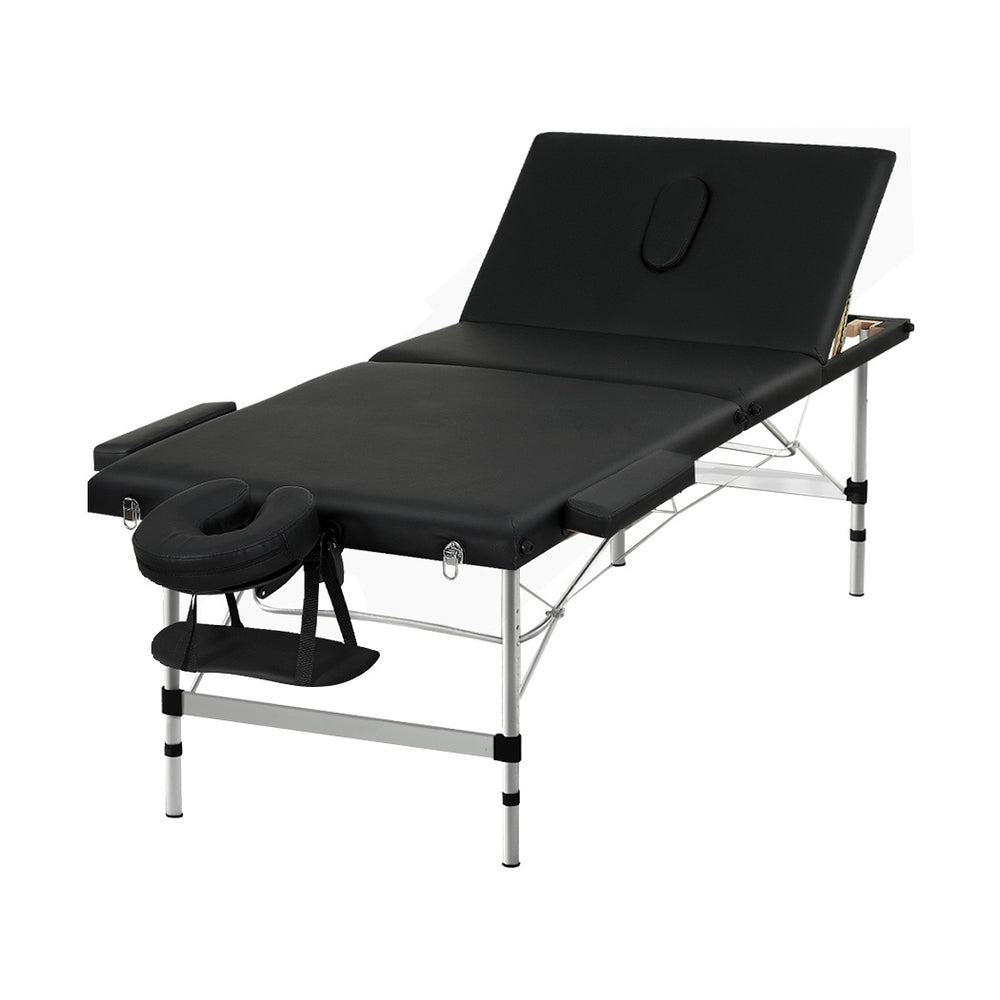 Massage Table 85cm Portable 3 Fold Aluminium Beauty Bed - Black