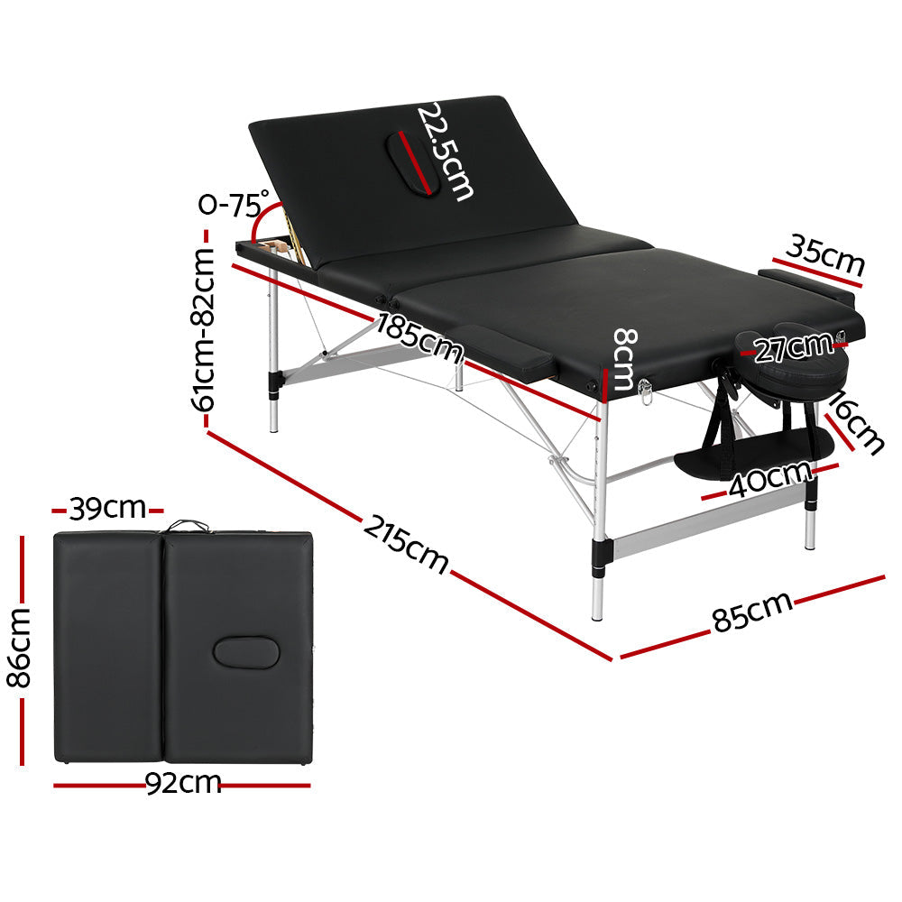 Massage Table 85cm Portable 3 Fold Aluminium Beauty Bed - Black