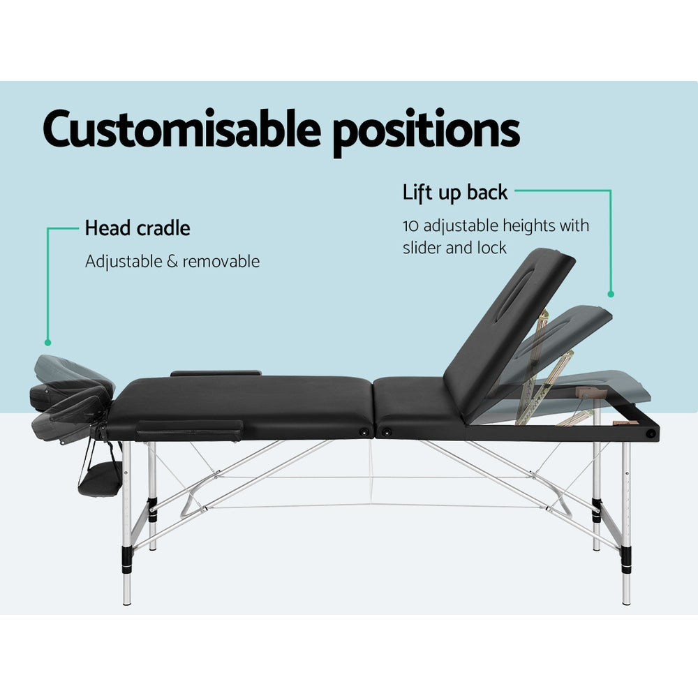 Massage Table 85cm Portable 3 Fold Aluminium Beauty Bed - Black