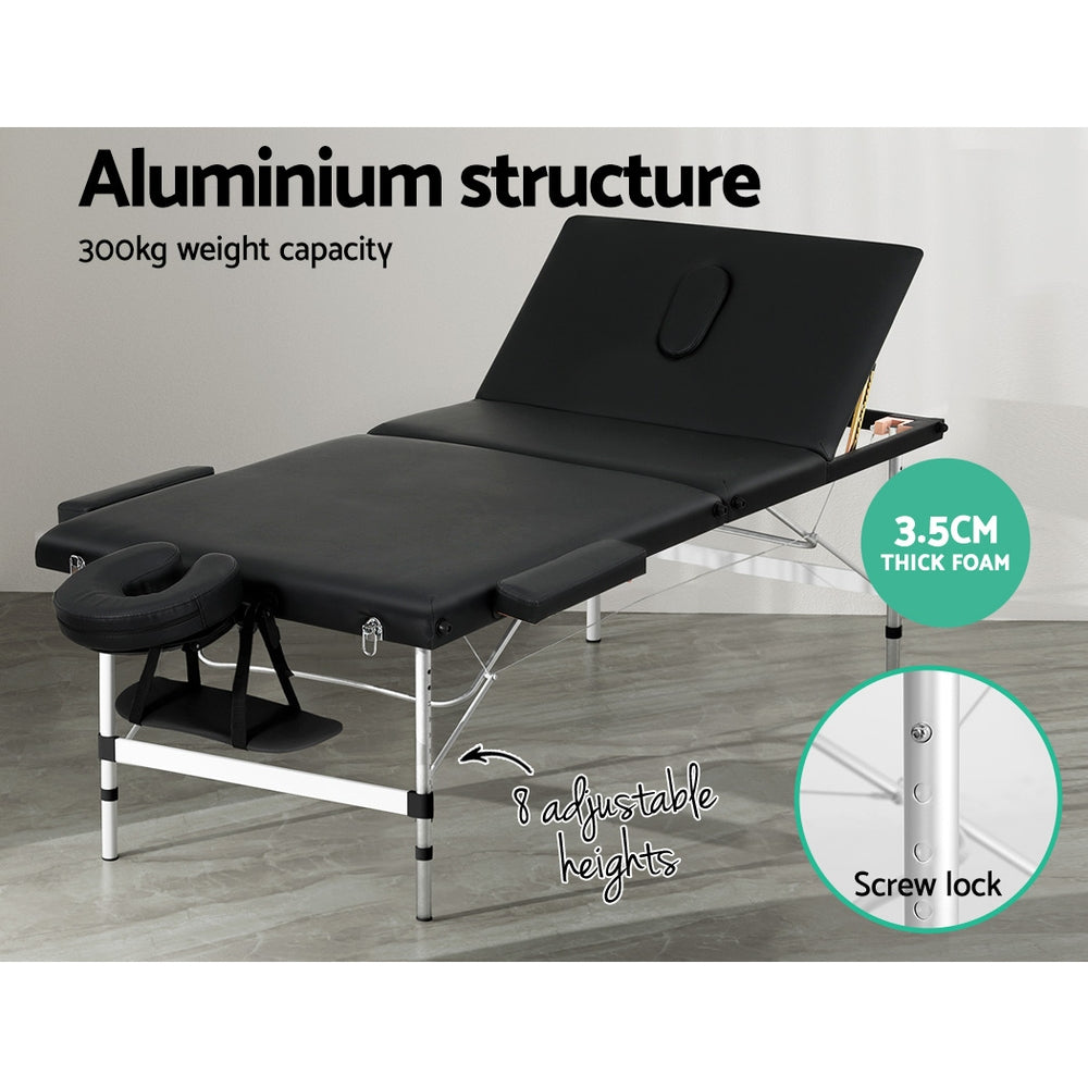 Massage Table 85cm Portable 3 Fold Aluminium Beauty Bed - Black