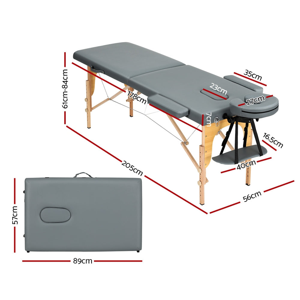 Massage Table 56cm Portable 2 Fold Wooden Beauty Bed Grey