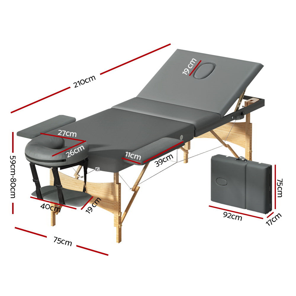 Massage Table 75cm 3 Fold Wooden Portable Beauty Therapy Bed Waxing Grey