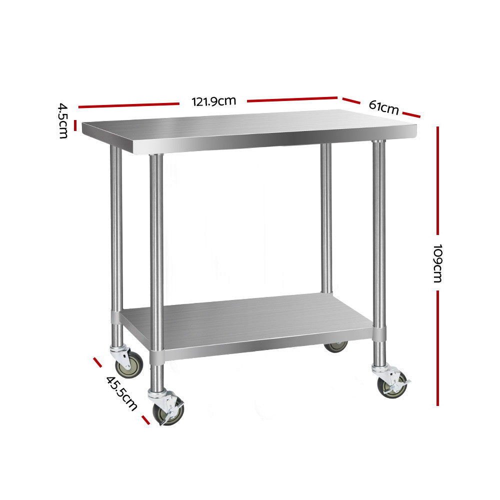 304 Stainless Steel Kitchen Benches Work Bench Food Prep Table with Wheels 1219Mmx610MM