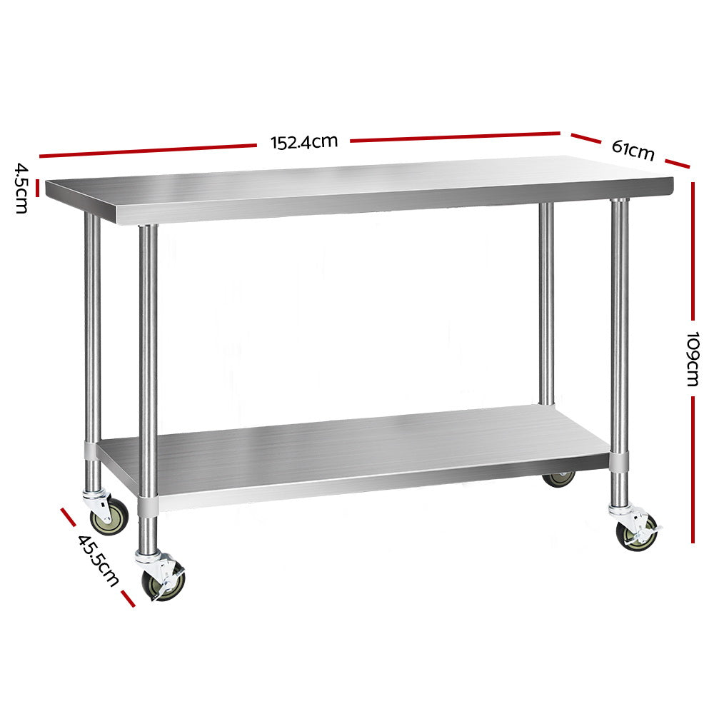304 Stainless Steel Kitchen Benches Work Bench Food Prep Table with Wheels 1524Mmx610MM