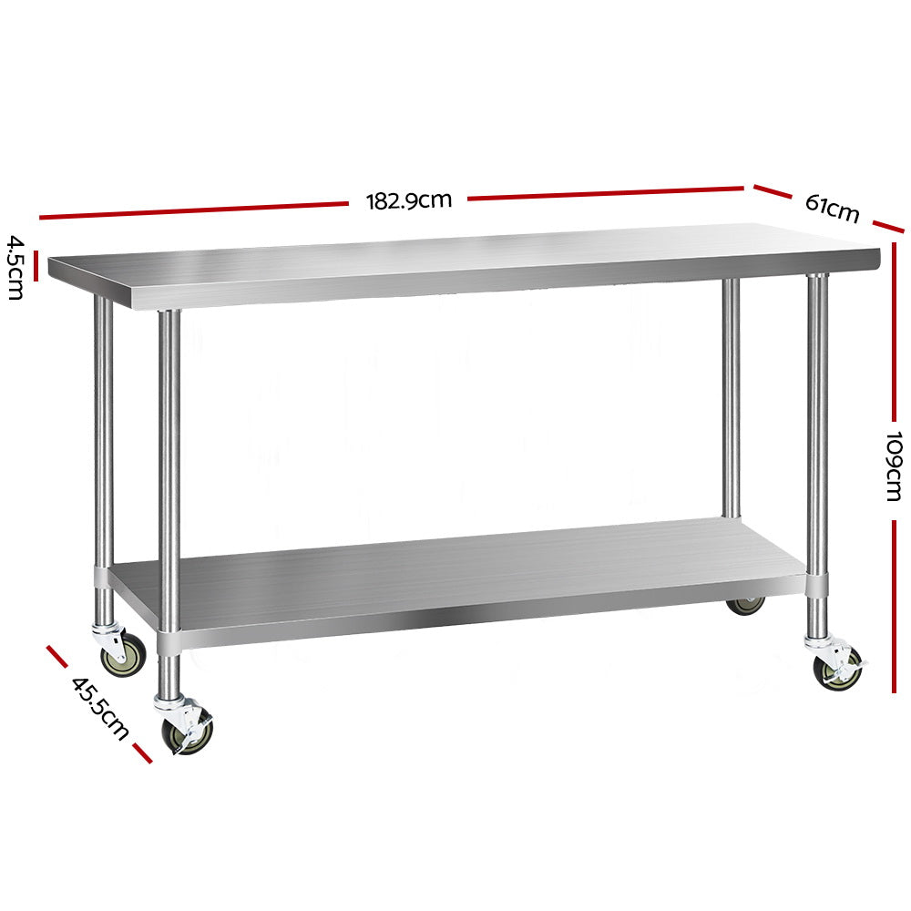 304 Stainless Steel Kitchen Benches Work Bench Food Prep Table with Wheels 1829Mmx610MM