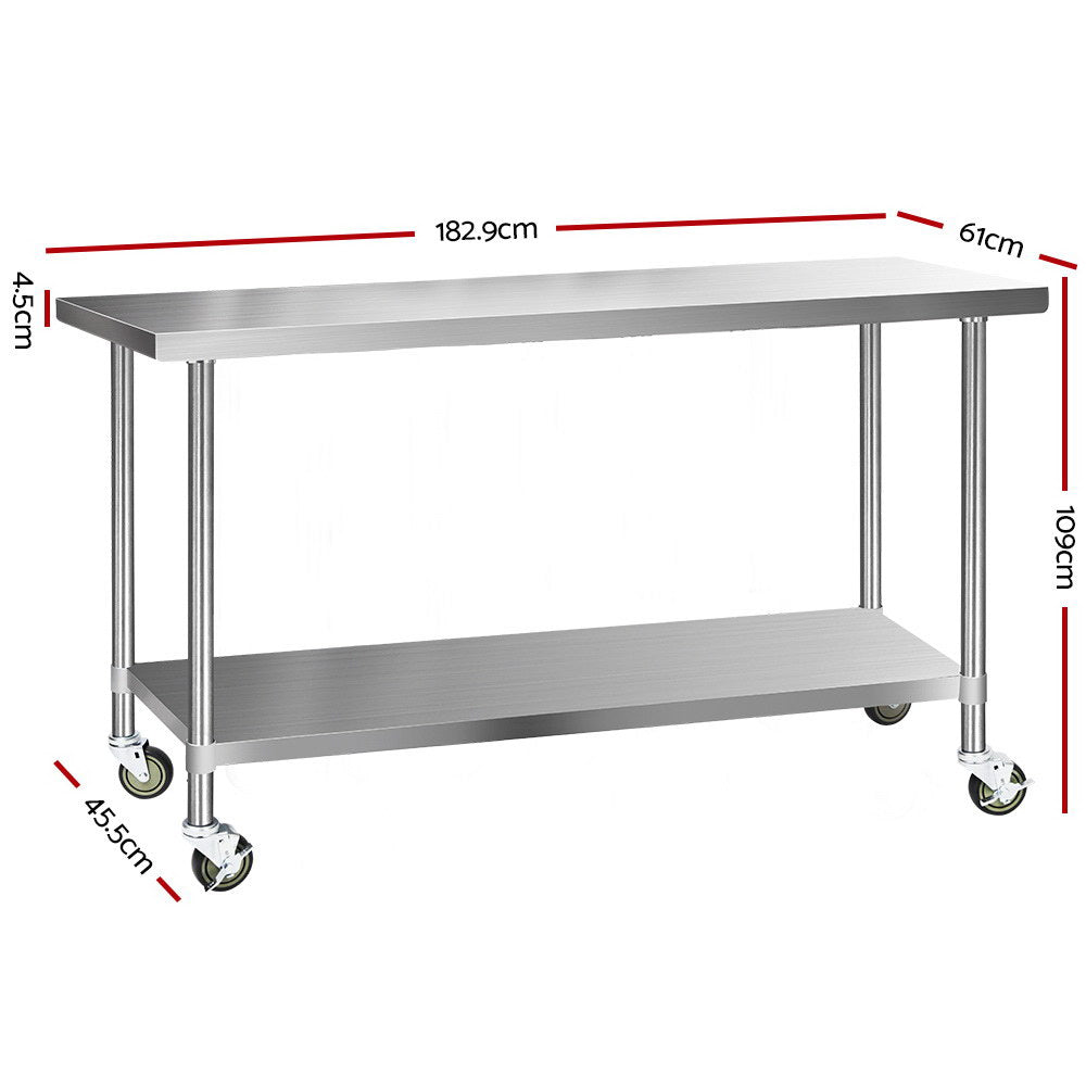 430 Stainless Steel Kitchen Benches Work Bench Food Prep Table with Wheels 1829Mmx610MM