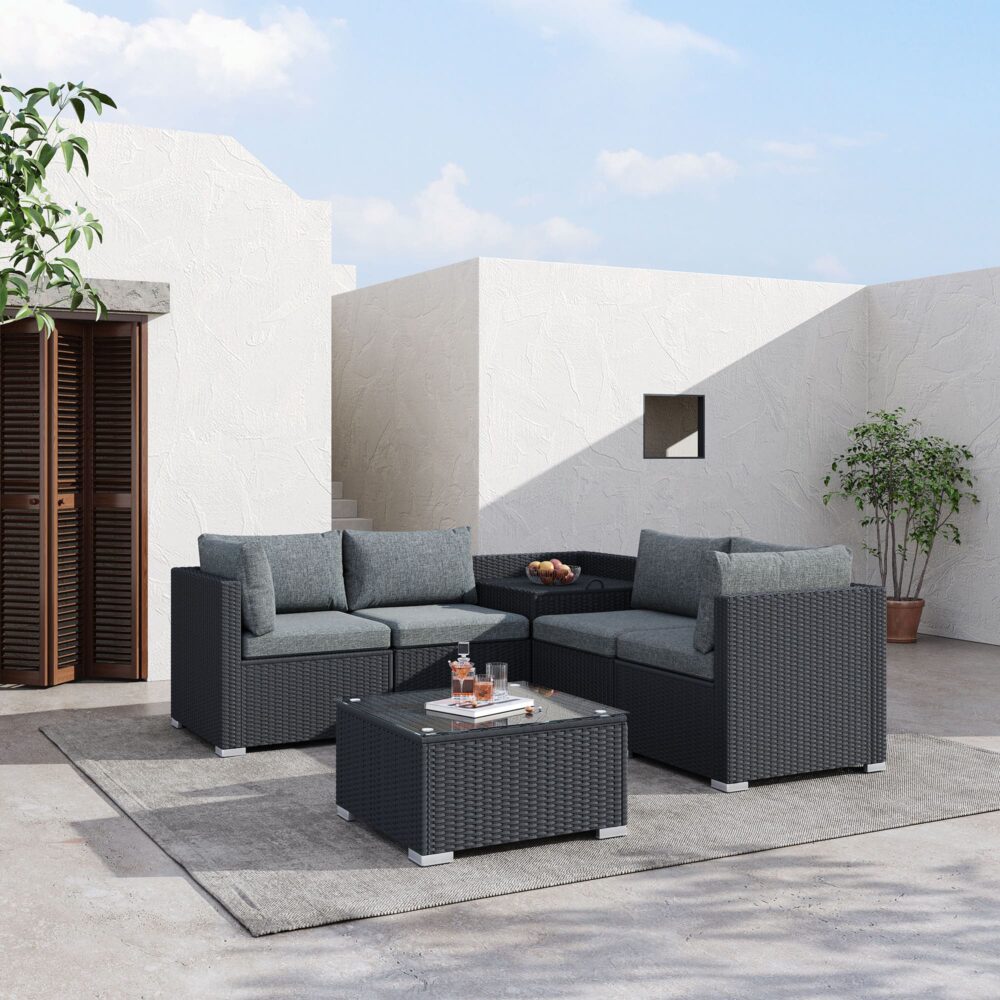 Robyn 5-Seater Modular Lounge Sofa 6-Piece Outdoor Sofa - Black