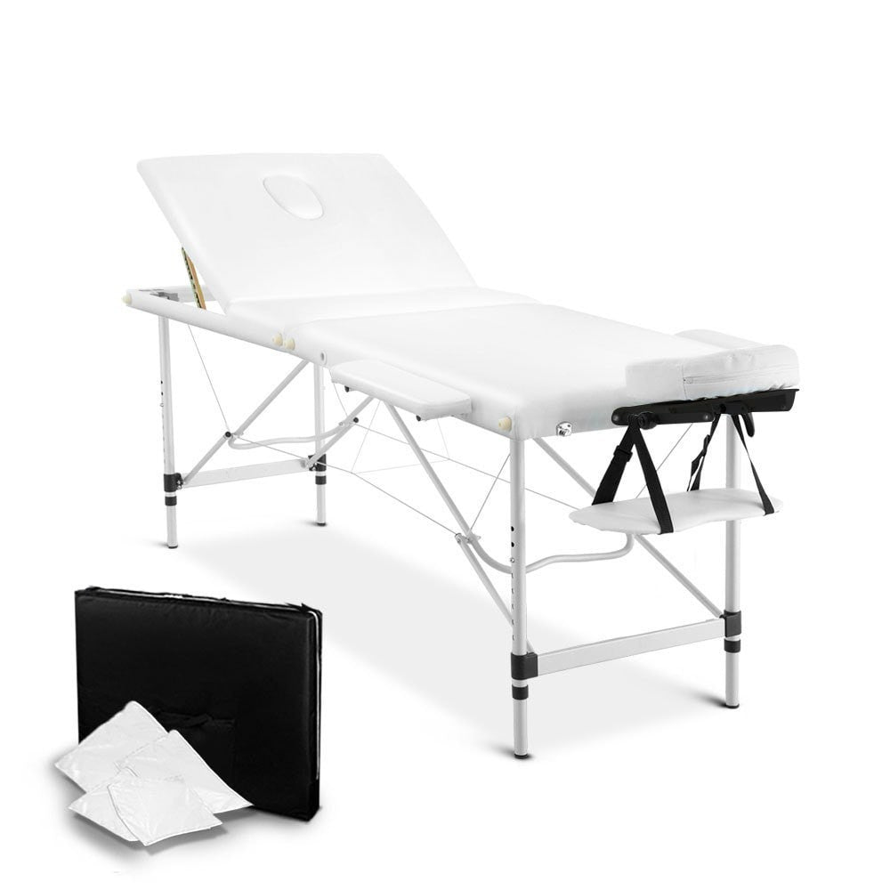 Massage Table 75cm 3 Fold Aluminium Beauty Bed Portable Therapy White